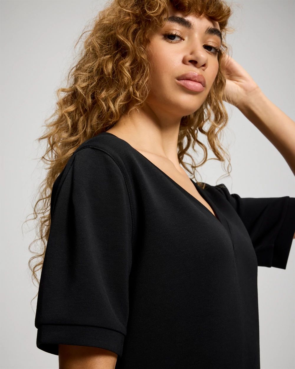 Modern Modal Puff Sleeve V-Neck Sweatshirt click to view larger image.
