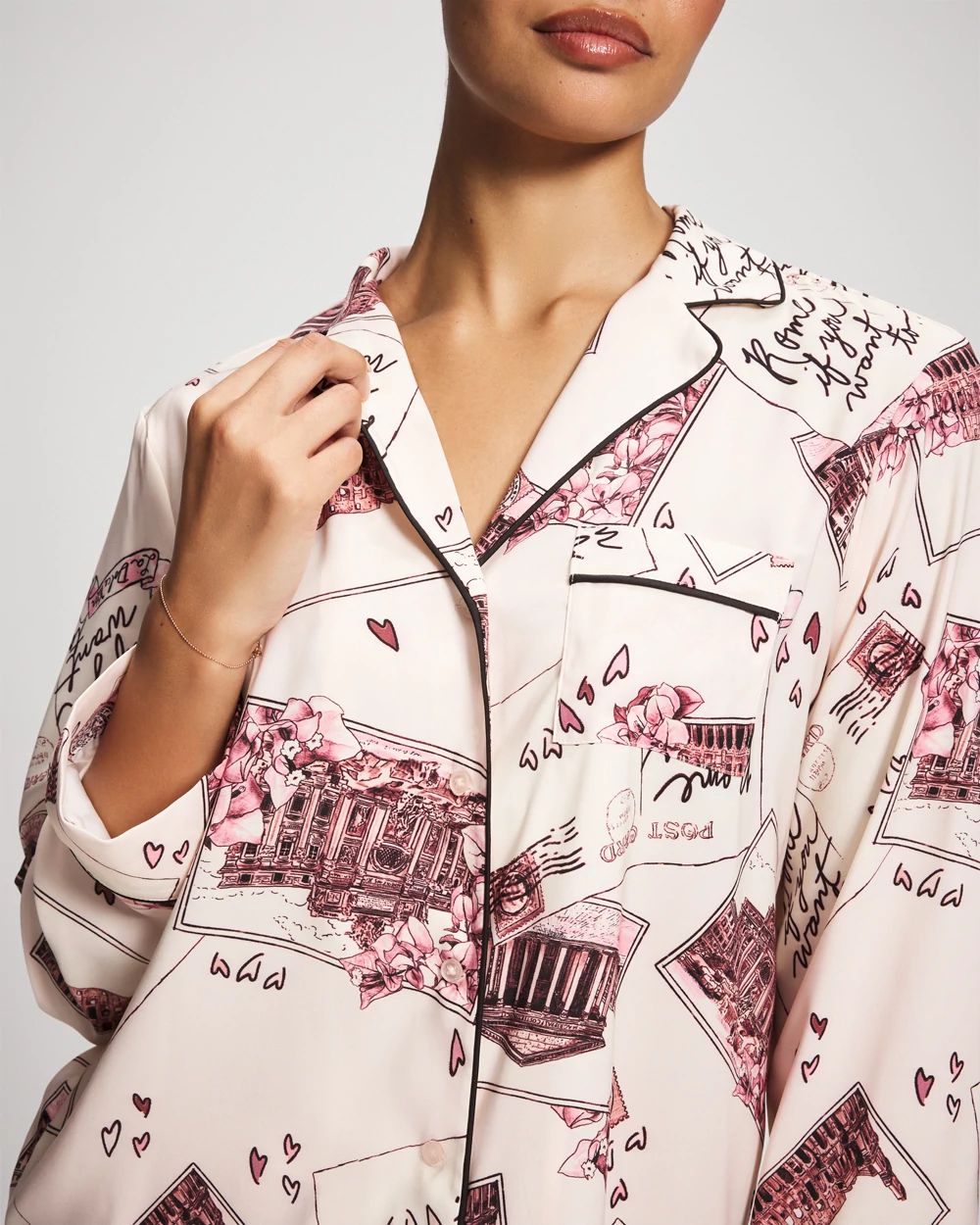 Satin Long Sleeve Notch Collar Pajama Top