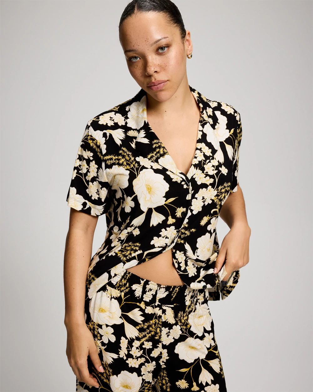 Short Sleeve Notch Collar Pajama Top