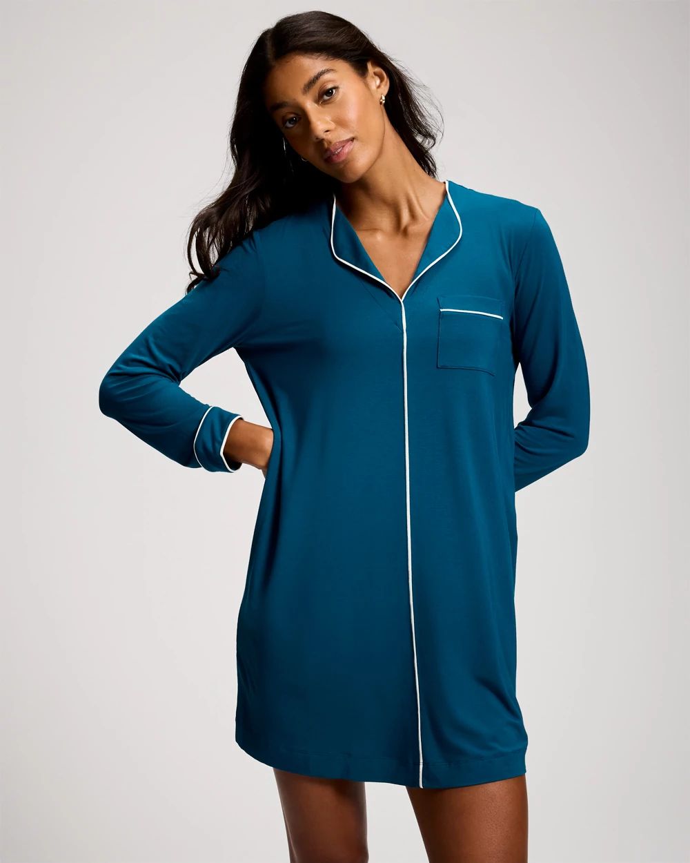 Cool Nights Piped Long-Sleeve Sleepshirt
