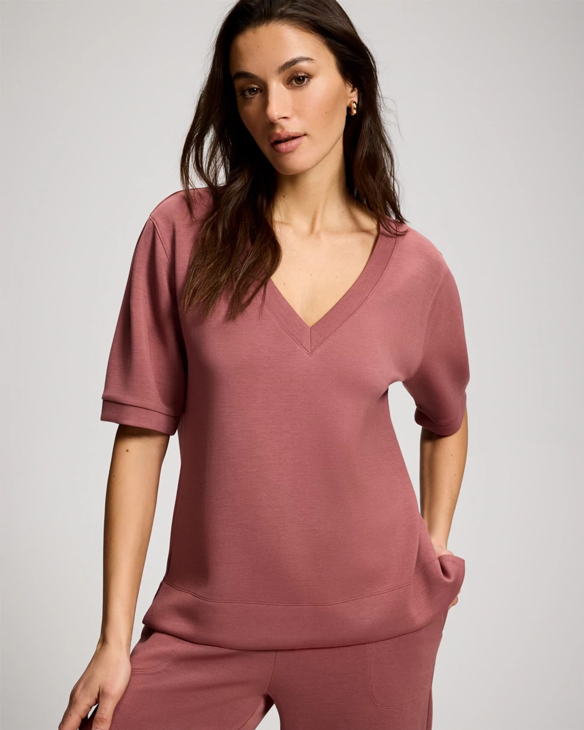 Soma Women's Modern Modal Puff Sleeve V-neck Sweatshirt In Pink Size Xs | In Cinnamon Rose