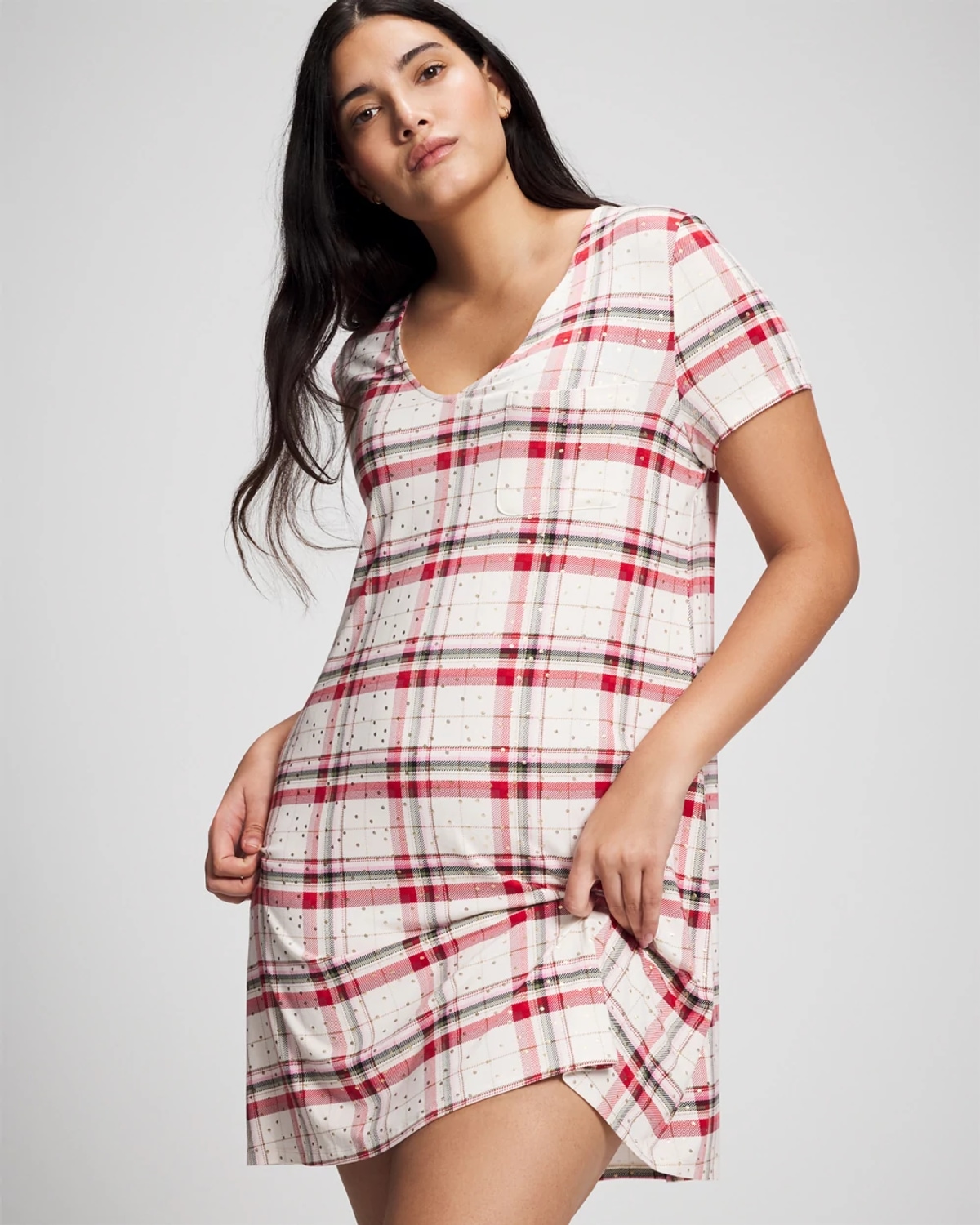 Soma Women's Cool Nights Short Sleeve Nightgown In Red Tartan Plaid Size Large | In Tartan Textile Champ