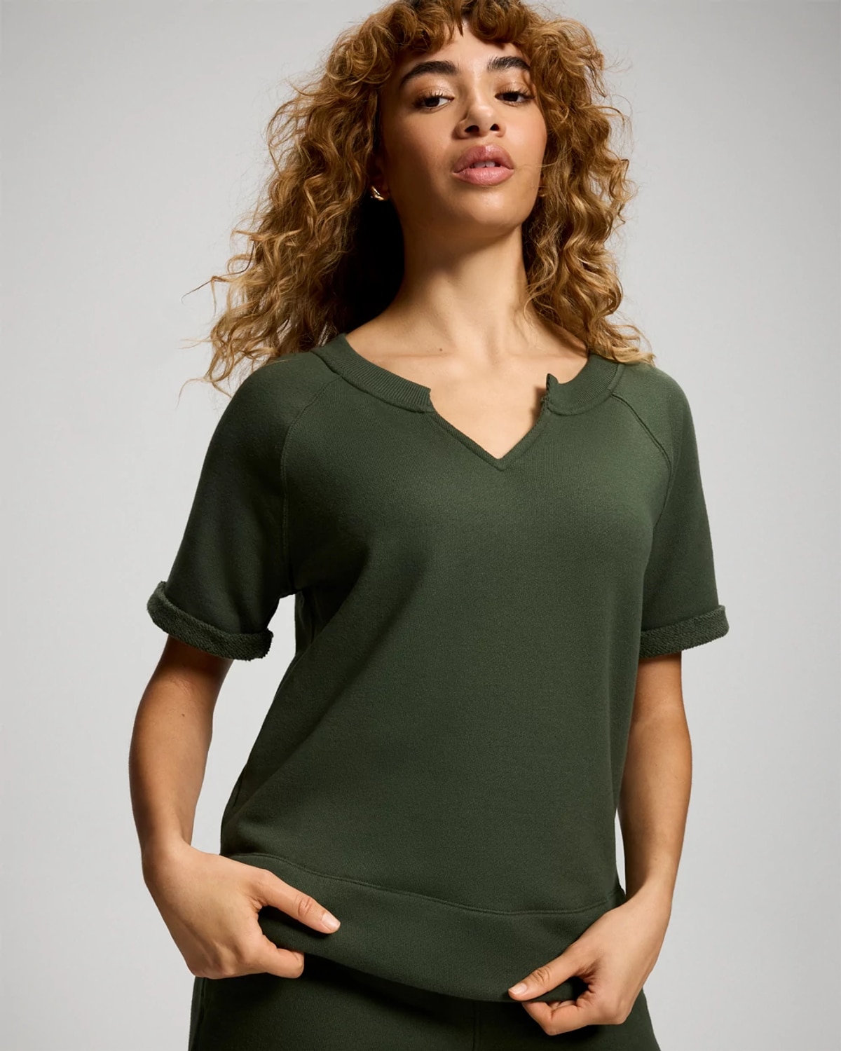 Soma Women's Cotton Terry Relaxed Short Sleeve Sweatshirt In Green Size Small | In Climbing Ivy