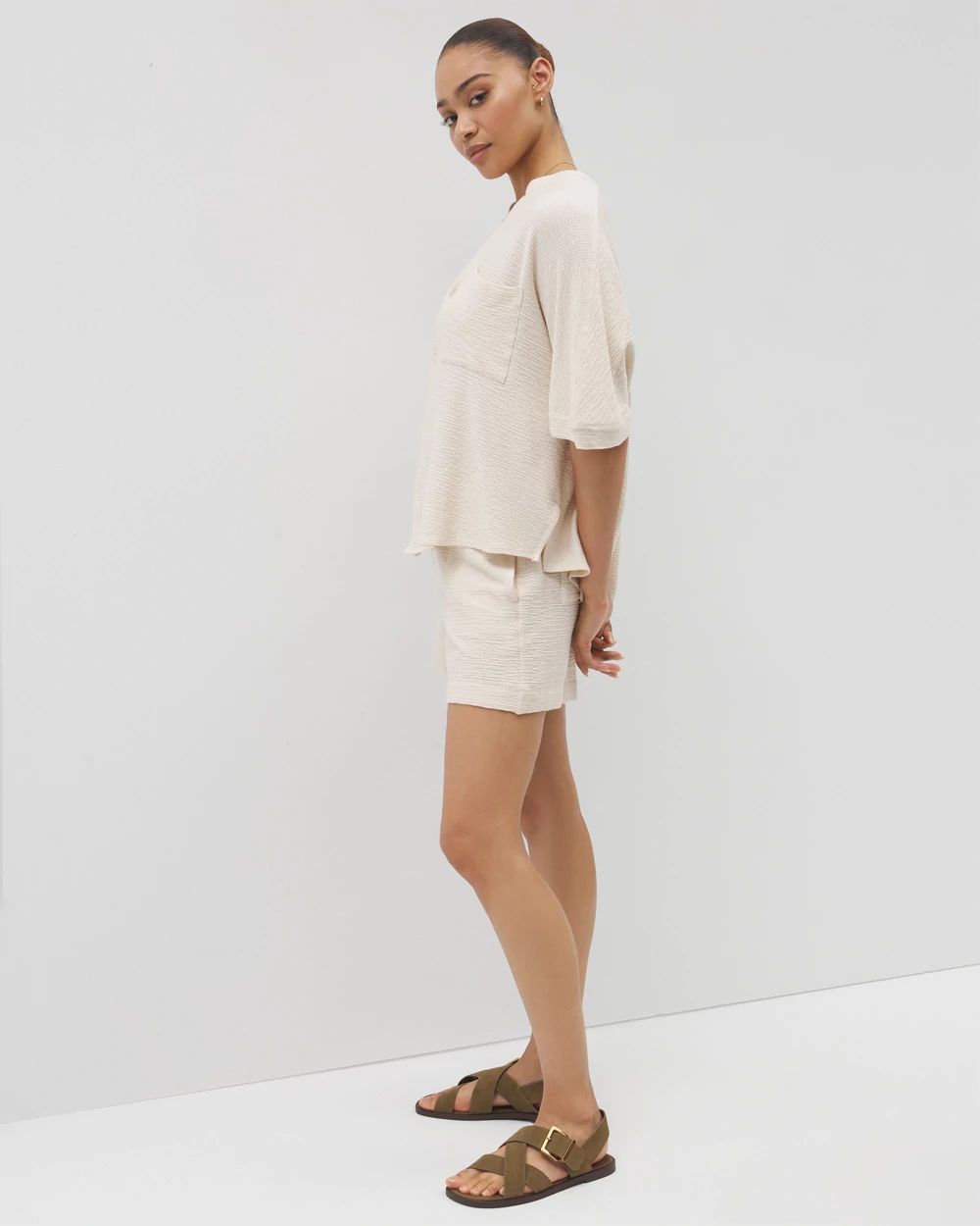 Crinkle Knit Relaxed Button-Up Top