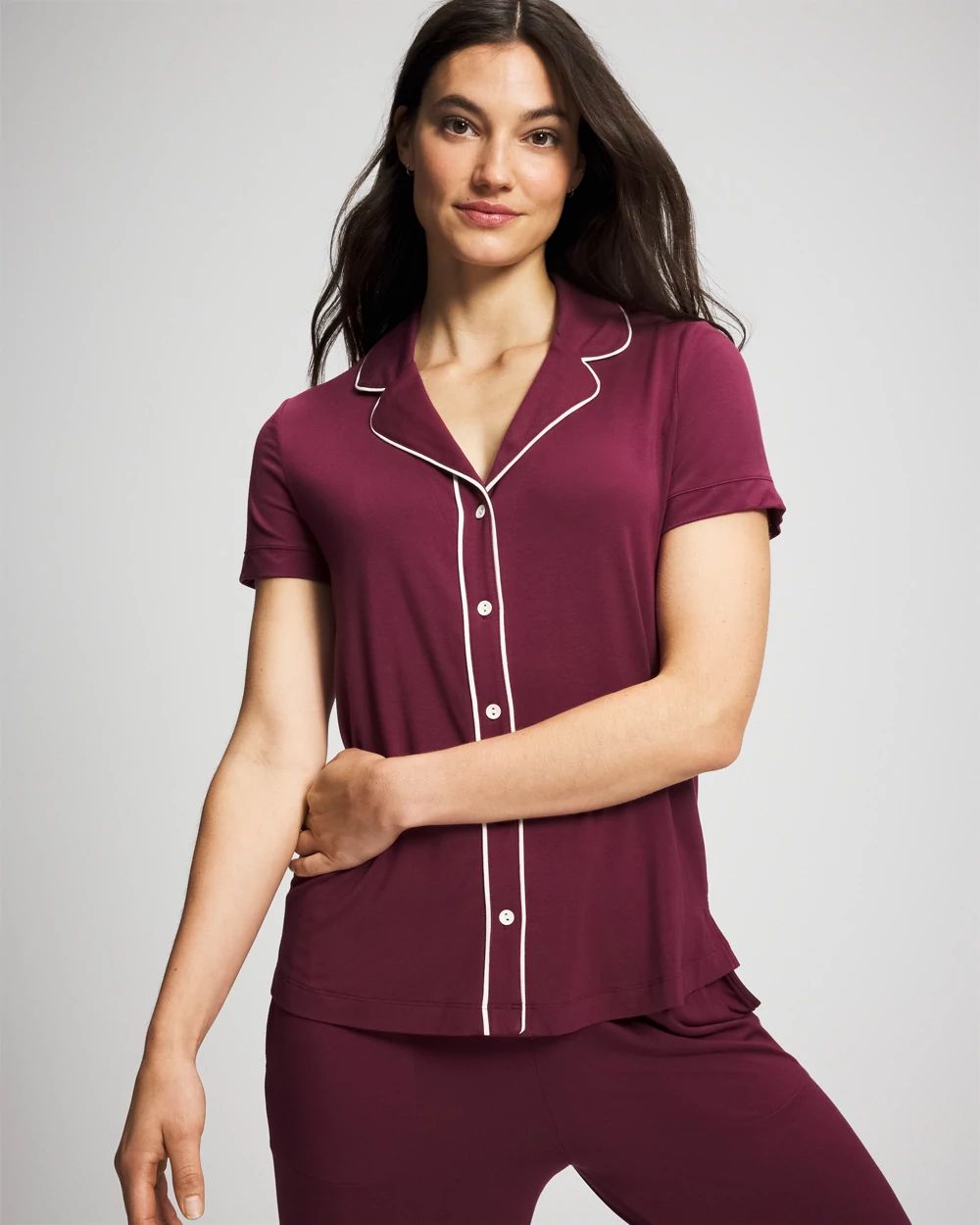 Solid Short Sleeve Notch Collar Pajama Top