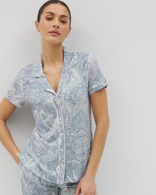 Piped Short Sleeve Notch Collar Pajama Top