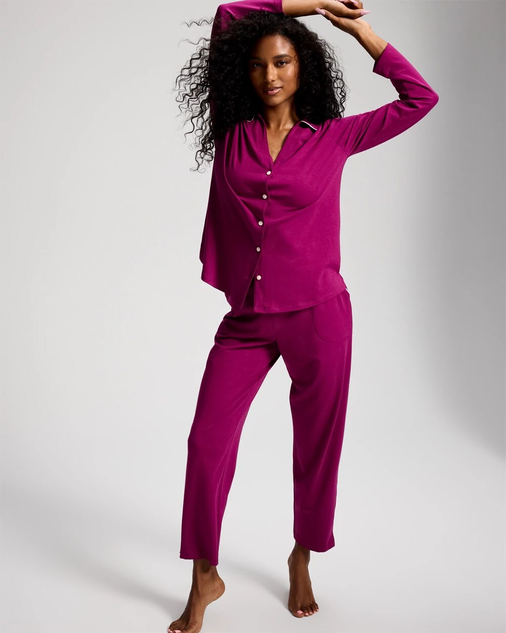 Long-Sleeve Notch Collar Pajama Top