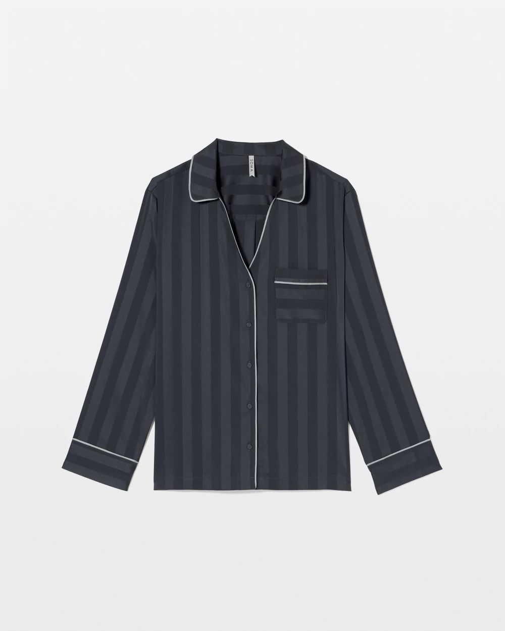 Satin Shadow Stripe Long Sleeve Pajama Notch Collar Top