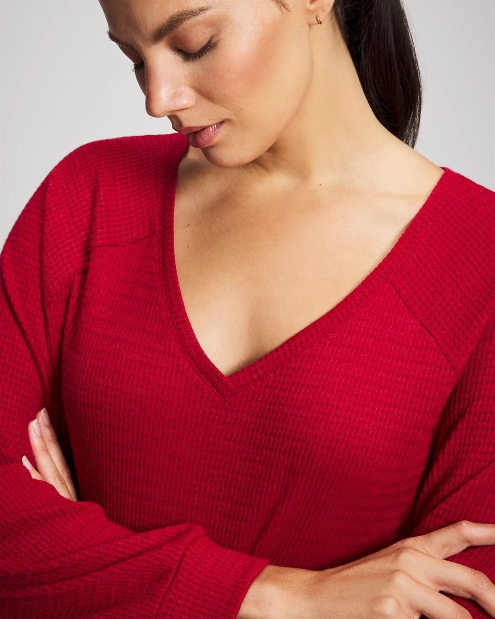 Cozy Waffle Long Sleeve V-Neck Pajama Top click to view larger image.