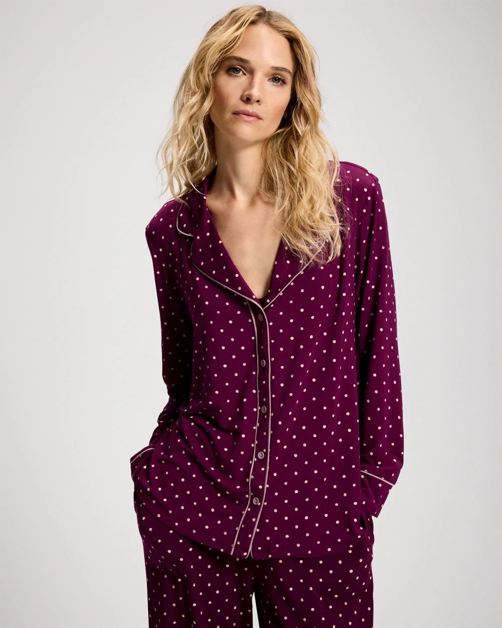 Cool Nights Long Sleeve Notch Collar with Piped Placket Pajama Top