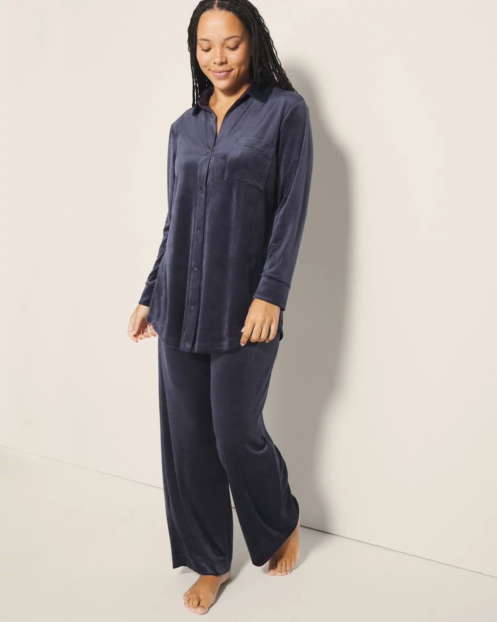 Velvety Ribbed Long-Sleeve Notch Collar Pajama Top