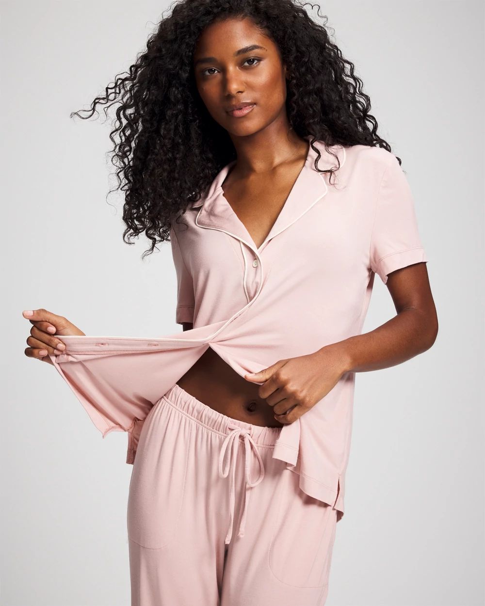 Cool Nights Solid Short Sleeve Notch Collar Pajama Top
