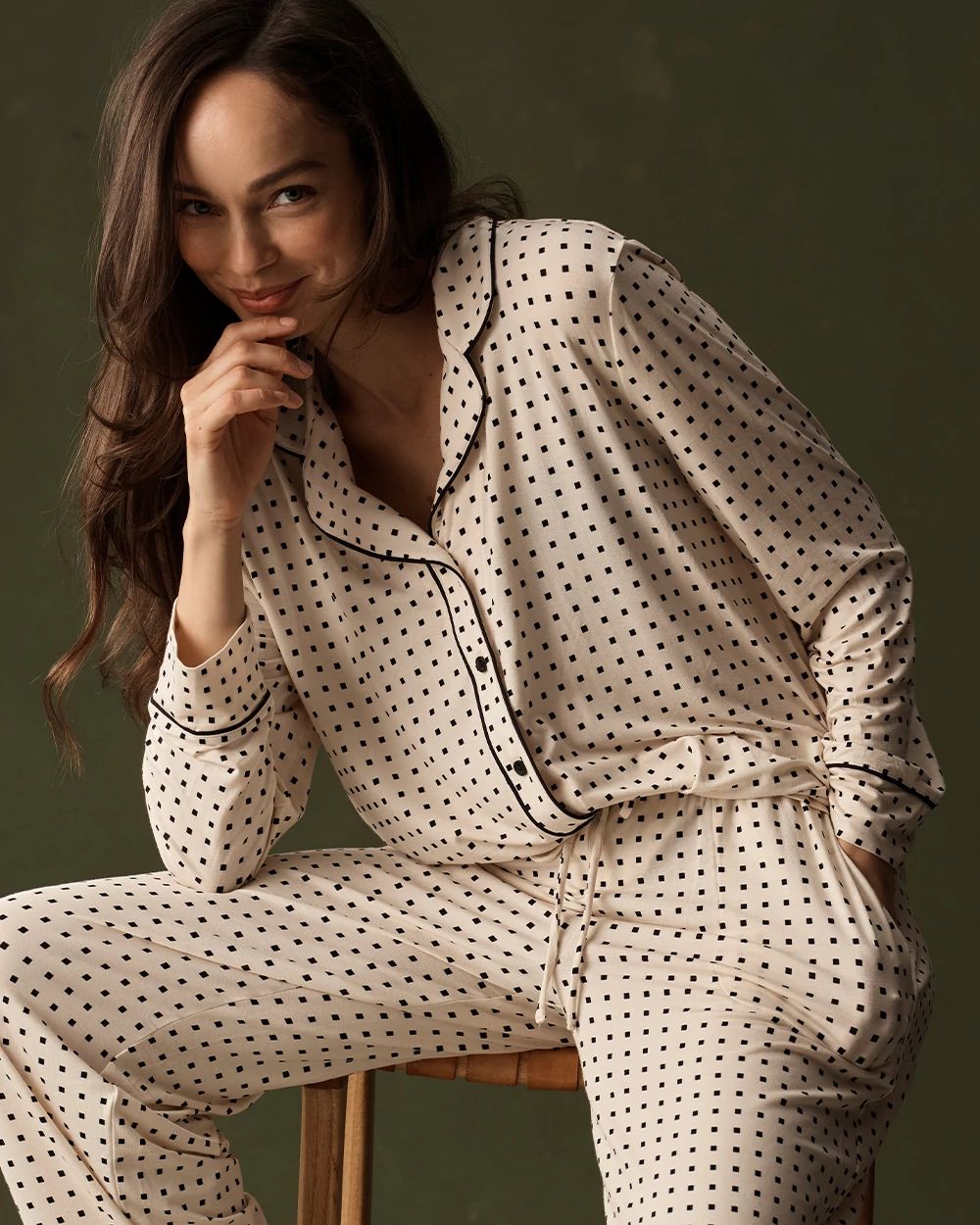 Cool Nights Long Sleeve Notch Collar with Piped Placket Pajama Top
