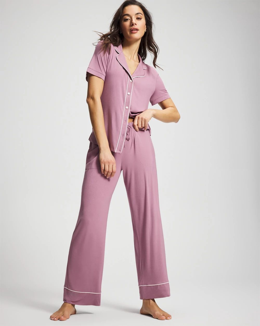 Cool Nights Piped Short Sleeve Notch Collar Pajama Top
