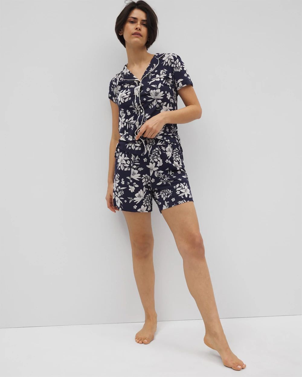 Cool Nights Piped Short Sleeve Notch Collar Pajama Top