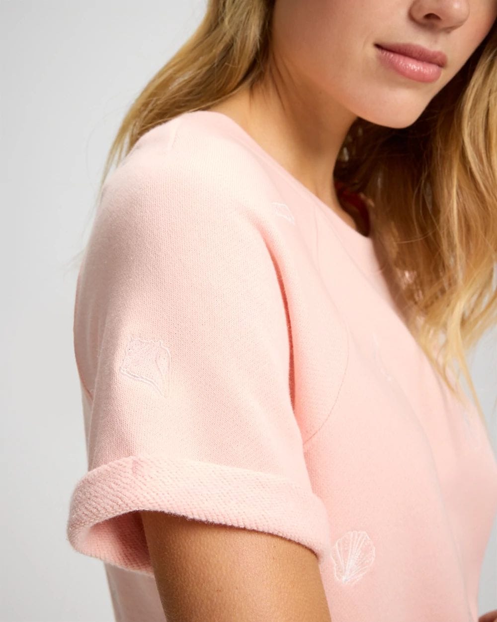 Cotton Terry Relaxed Short Sleeve Rolled Cuff Sweatshirt