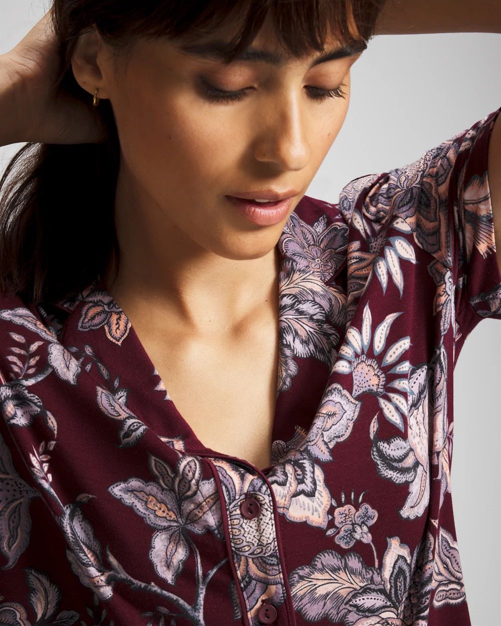 Cool Nights Piped Short Sleeve Notch Collar Pajama Top