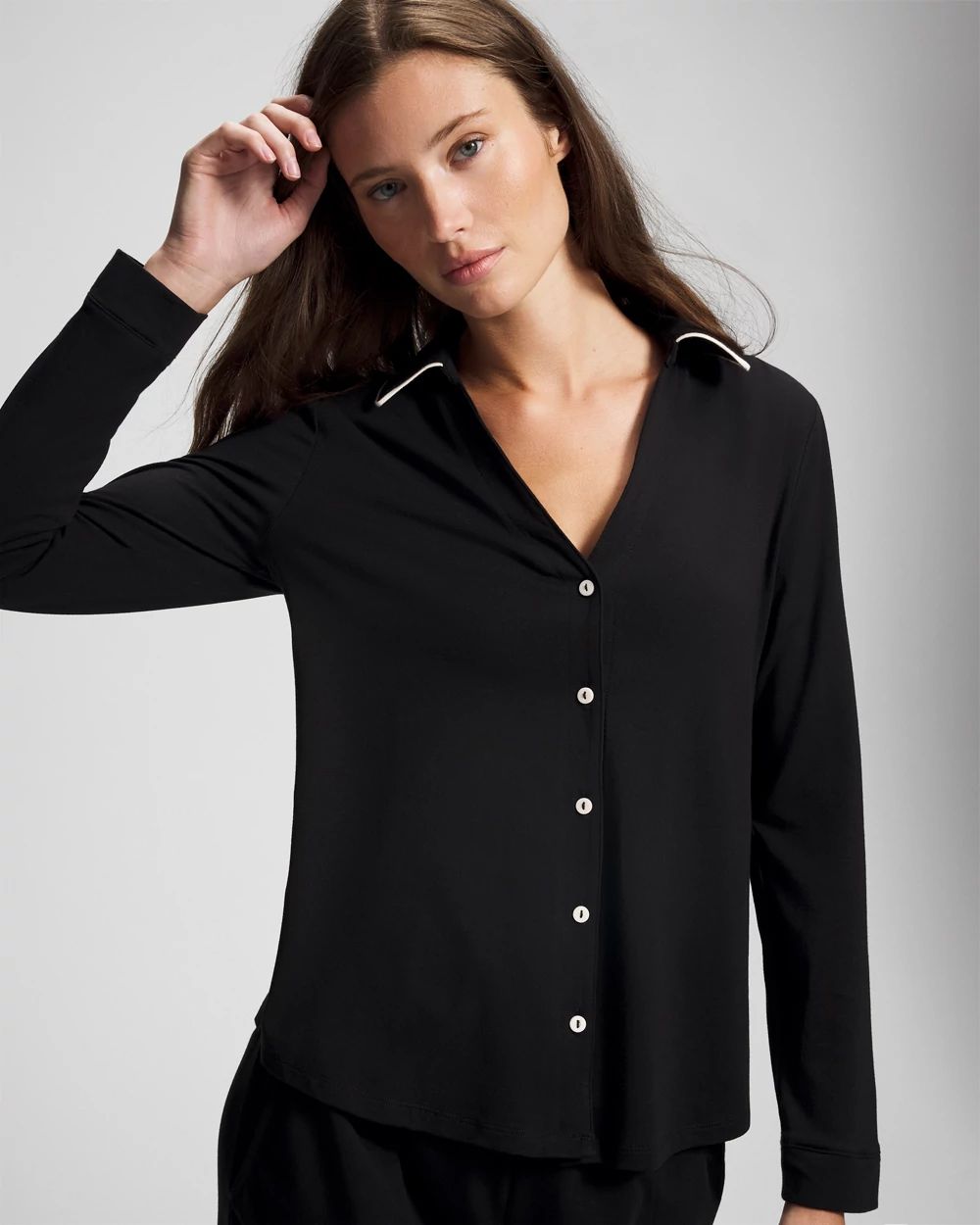 Long-Sleeve Notch Collar Pajama Top