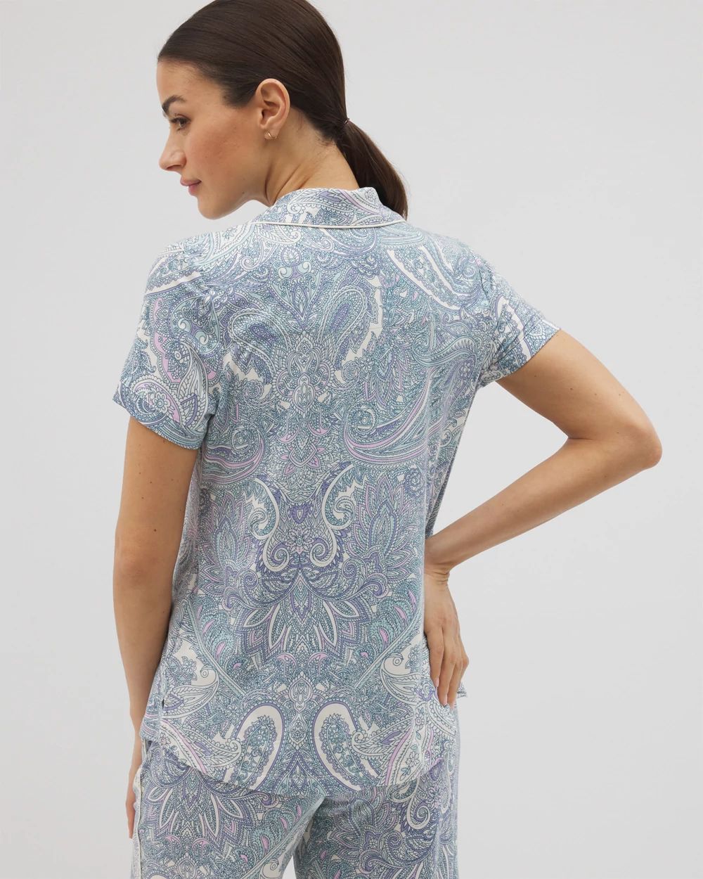 Piped Short Sleeve Notch Collar Pajama Top click to view larger image.