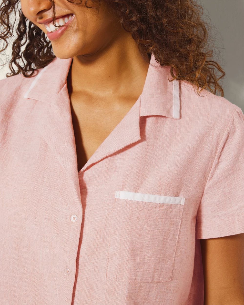 Laundered Cotton Short-Sleeve Notch Collar Pajama Top