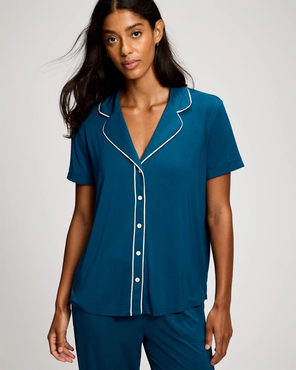 Cool Nights Piped Short Sleeve Notch Collar Pajama Top