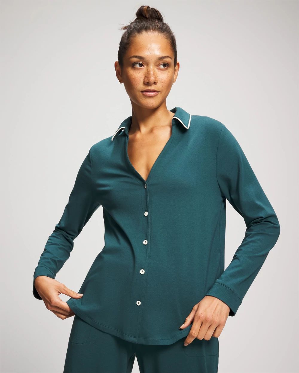 Long-Sleeve Notch Collar Pajama Top