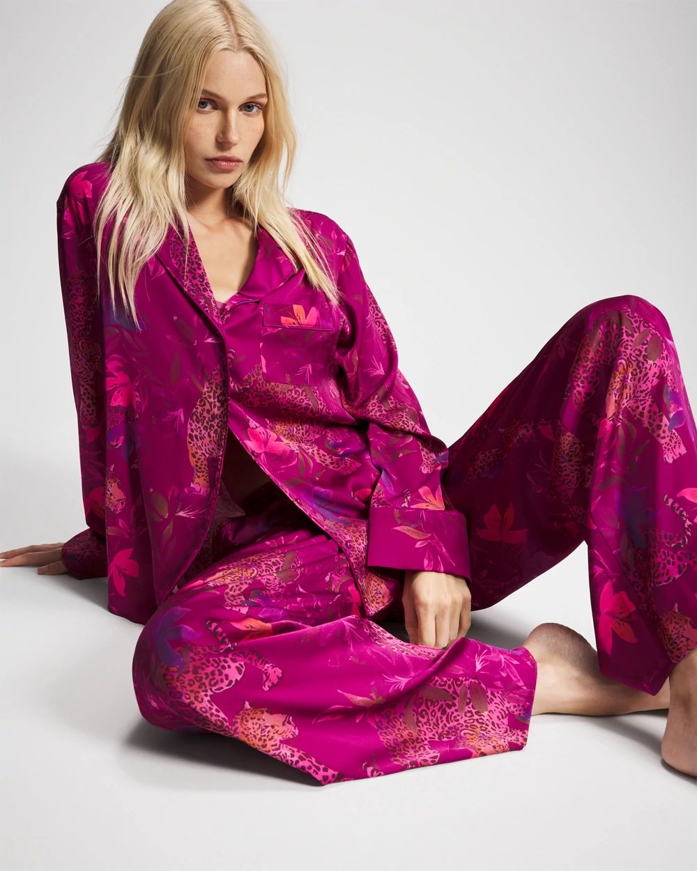 Satin Long Sleeve Notch Collar Pajama Top