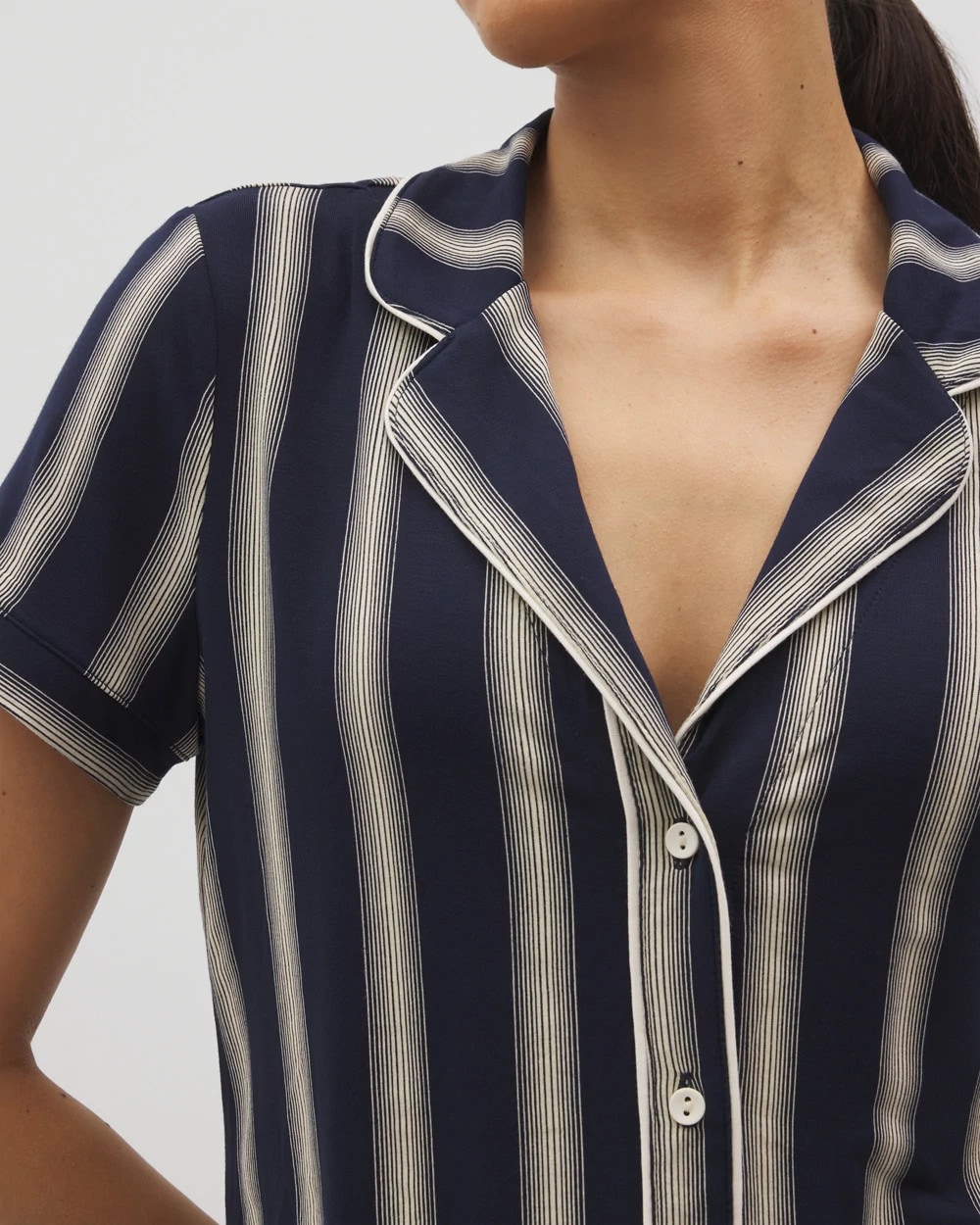 Piped Short Sleeve Notch Collar Pajama Top