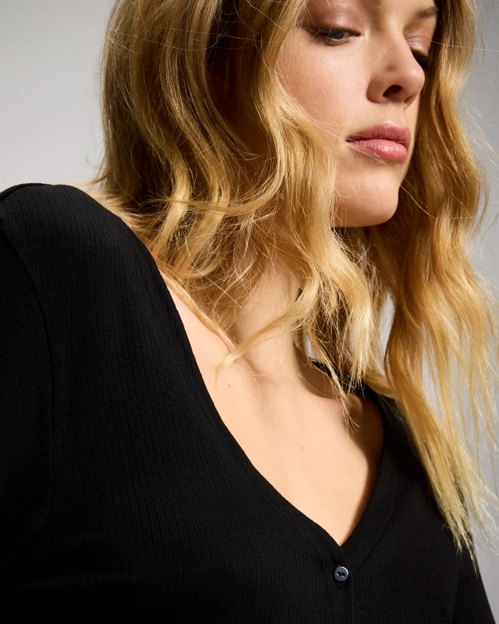 Lightweight Rib Knit Button-Front Long Sleeve Pajama Top