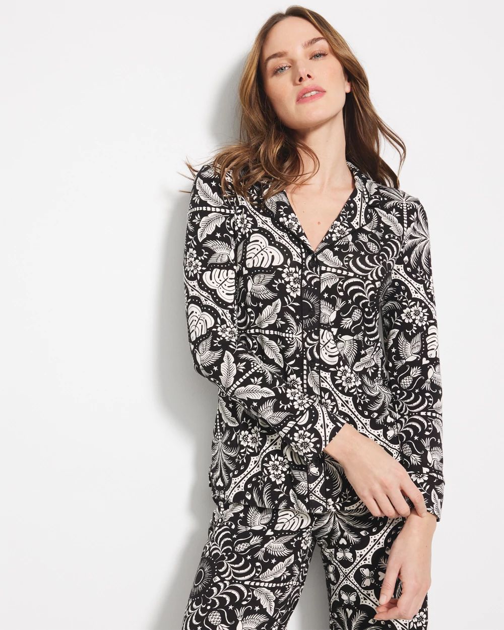 Long-Sleeve Printed Notch Collar Pajama Top