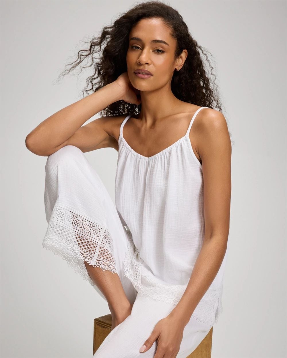 Cotton Gauze Crochet Lace Trim Relaxed Pajama Cami