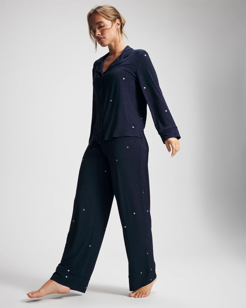 Cool Nights Long Sleeve Notch Collar with Piped Placket Pajama Top