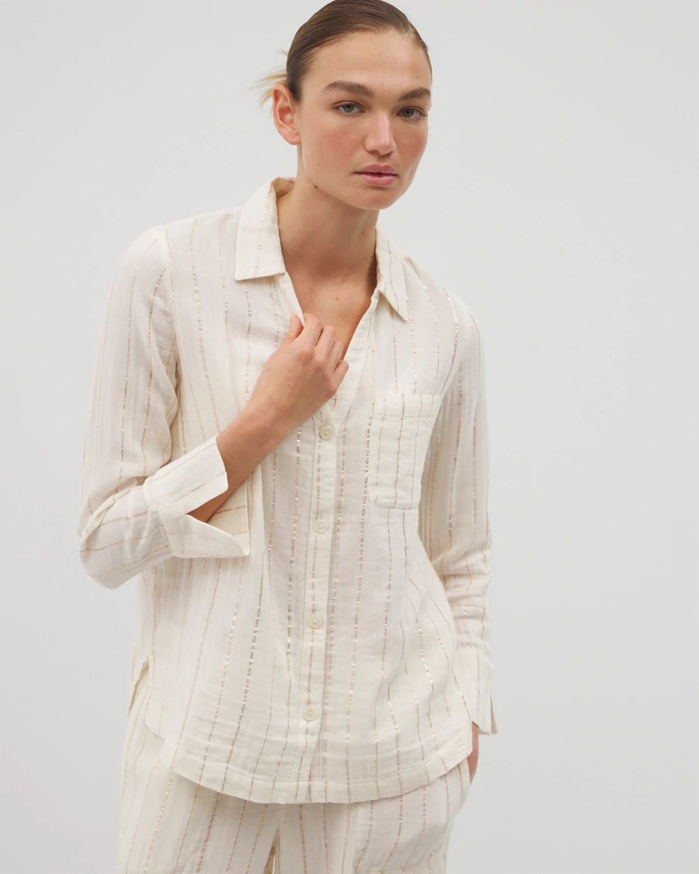 Cotton Gauze Long Sleeve Notch Collar Pajama Top