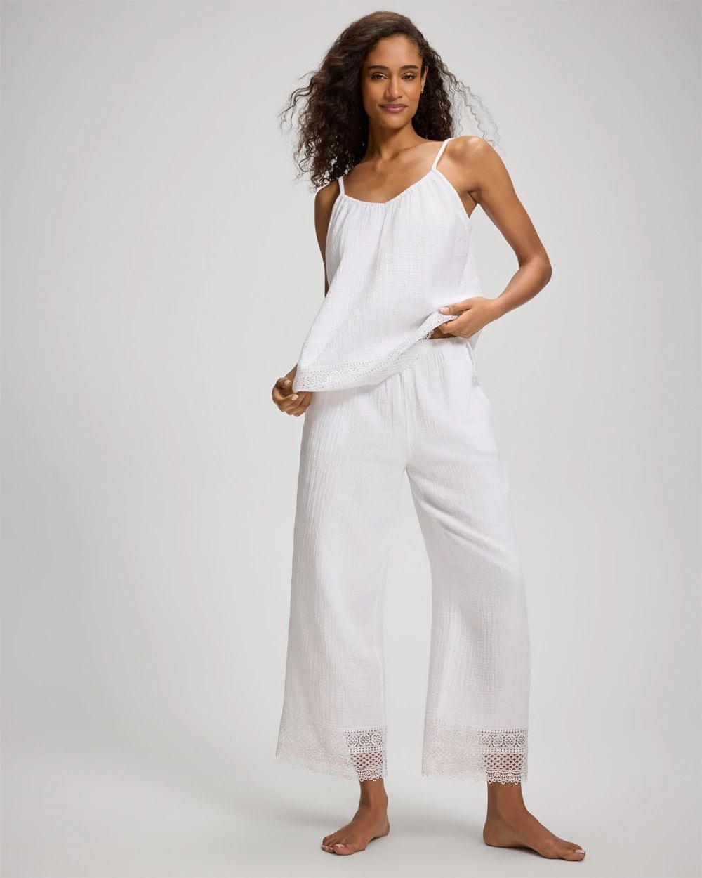 Cotton Gauze Crochet Lace Trim Wide Leg Pajama Pants