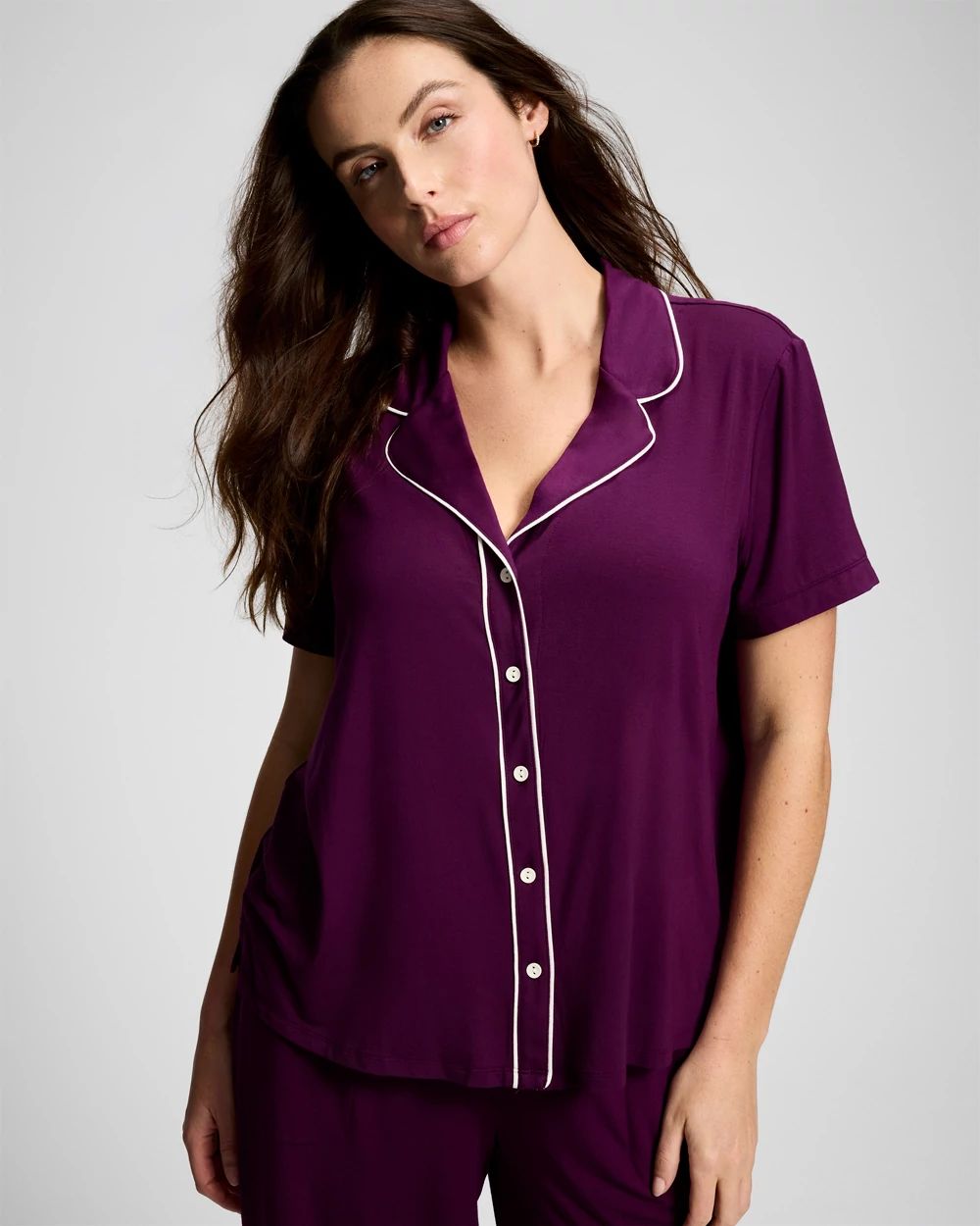 Cool Nights Piped Short Sleeve Notch Collar Pajama Top