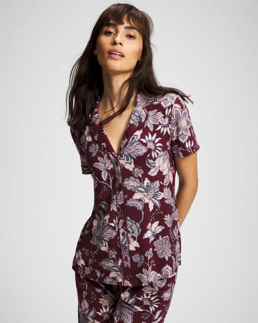 Piped Short Sleeve Notch Collar Pajama Top
