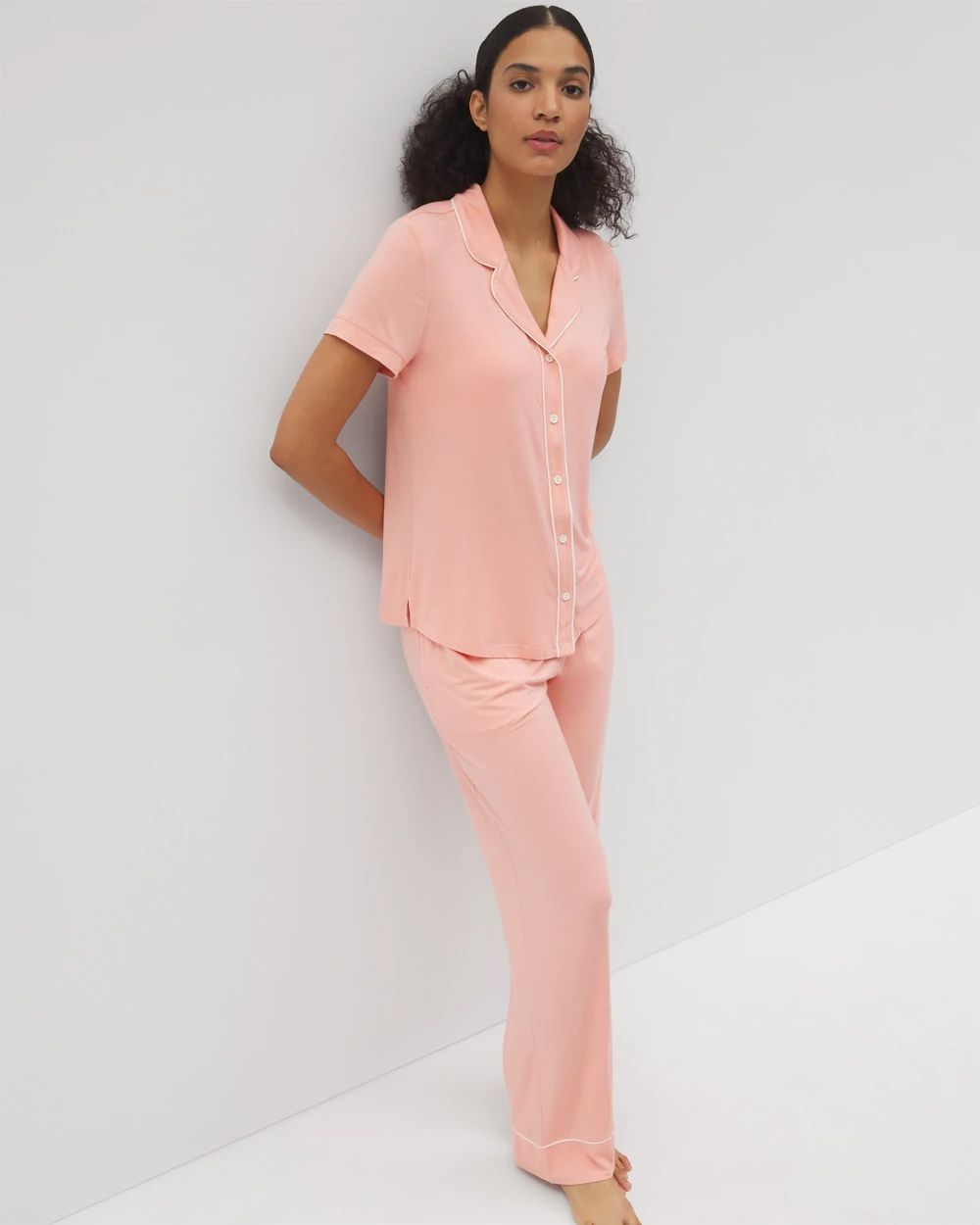 Solid Short Sleeve Notch Collar Pajama Top click to view larger image.