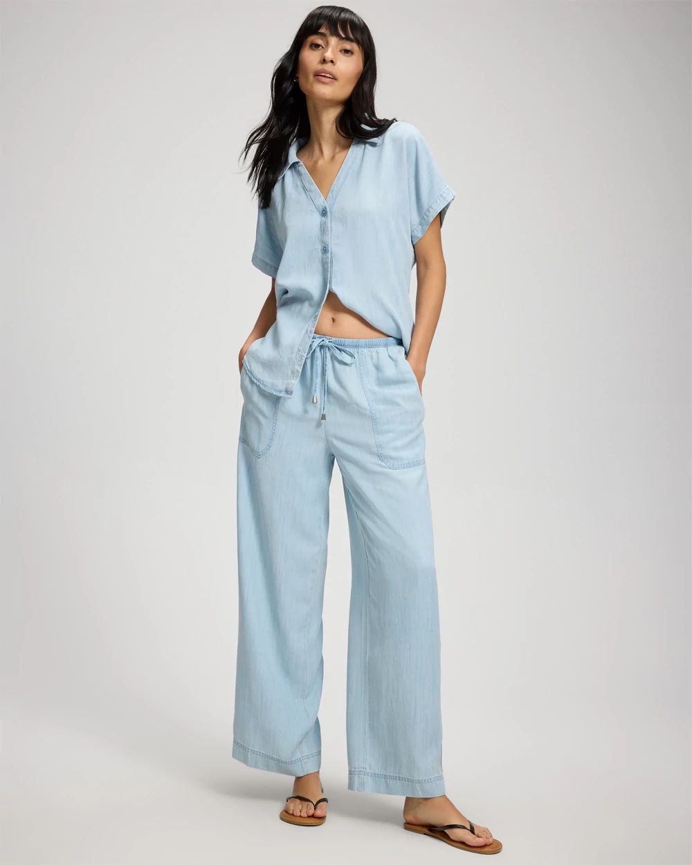 Chambray Relaxed Wide-Leg Pants