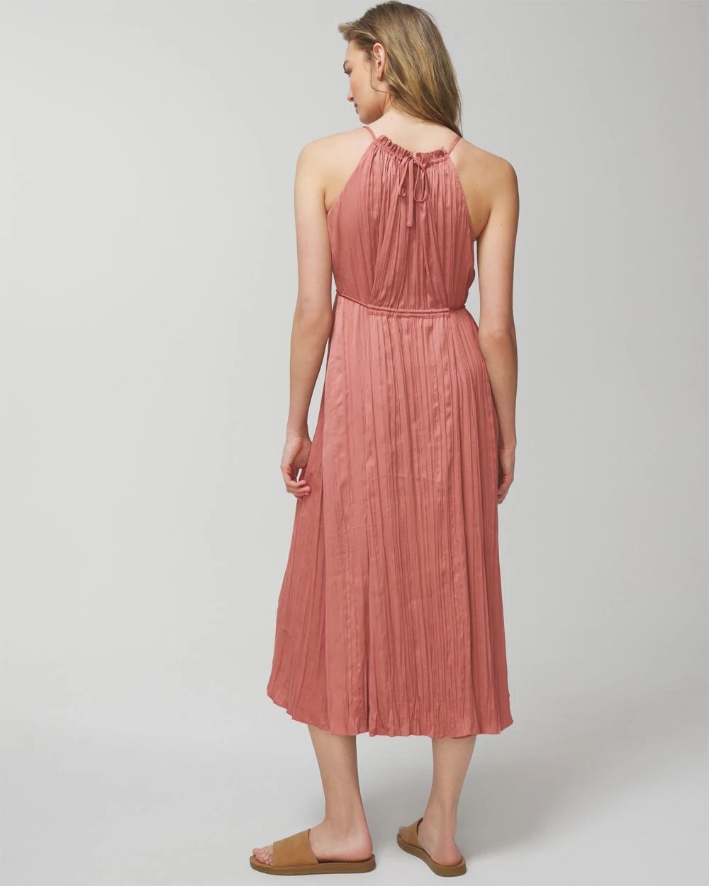 Crinkle Satin Pleated Tie Midi Bra Dress