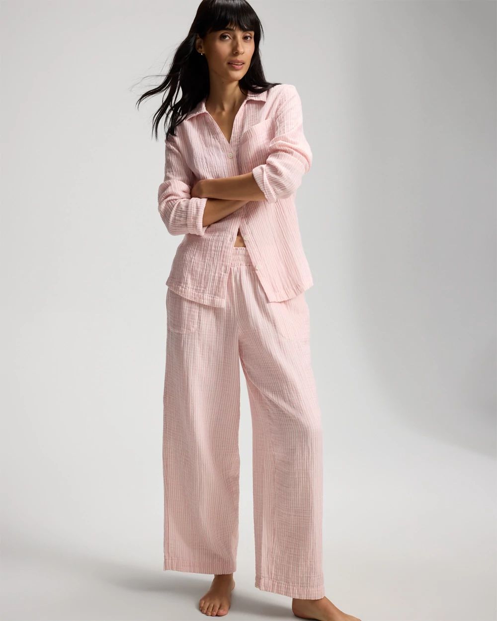 Cotton Gauze Long Sleeve Notch Collar Pajama Top click to view larger image.