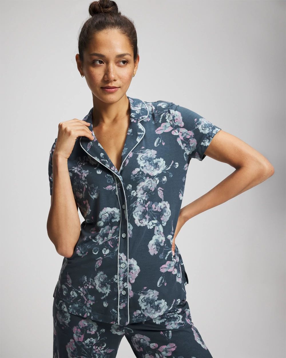 Piped Short Sleeve Notch Collar Pajama Top
