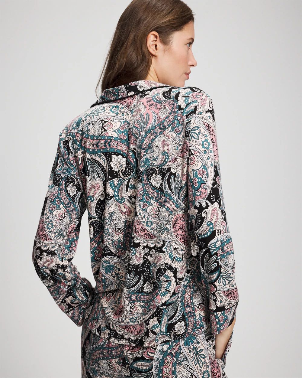 Cool Nights Long Sleeve Notch Collar with Piped Placket Pajama Top click to view larger image.