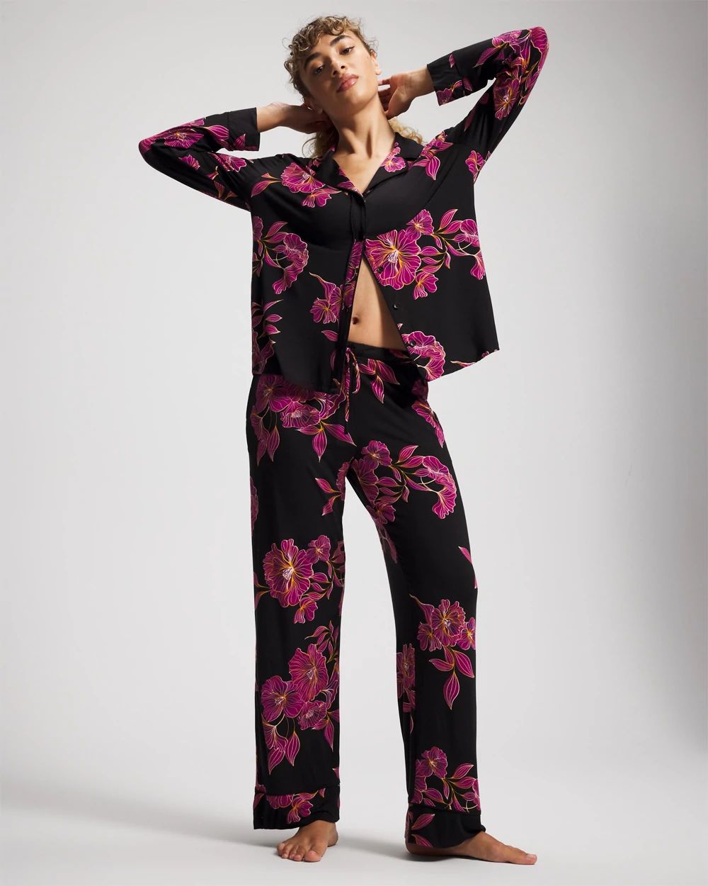 Cool Nights Long Sleeve Notch Collar with Piped Placket Pajama Top click to view larger image.