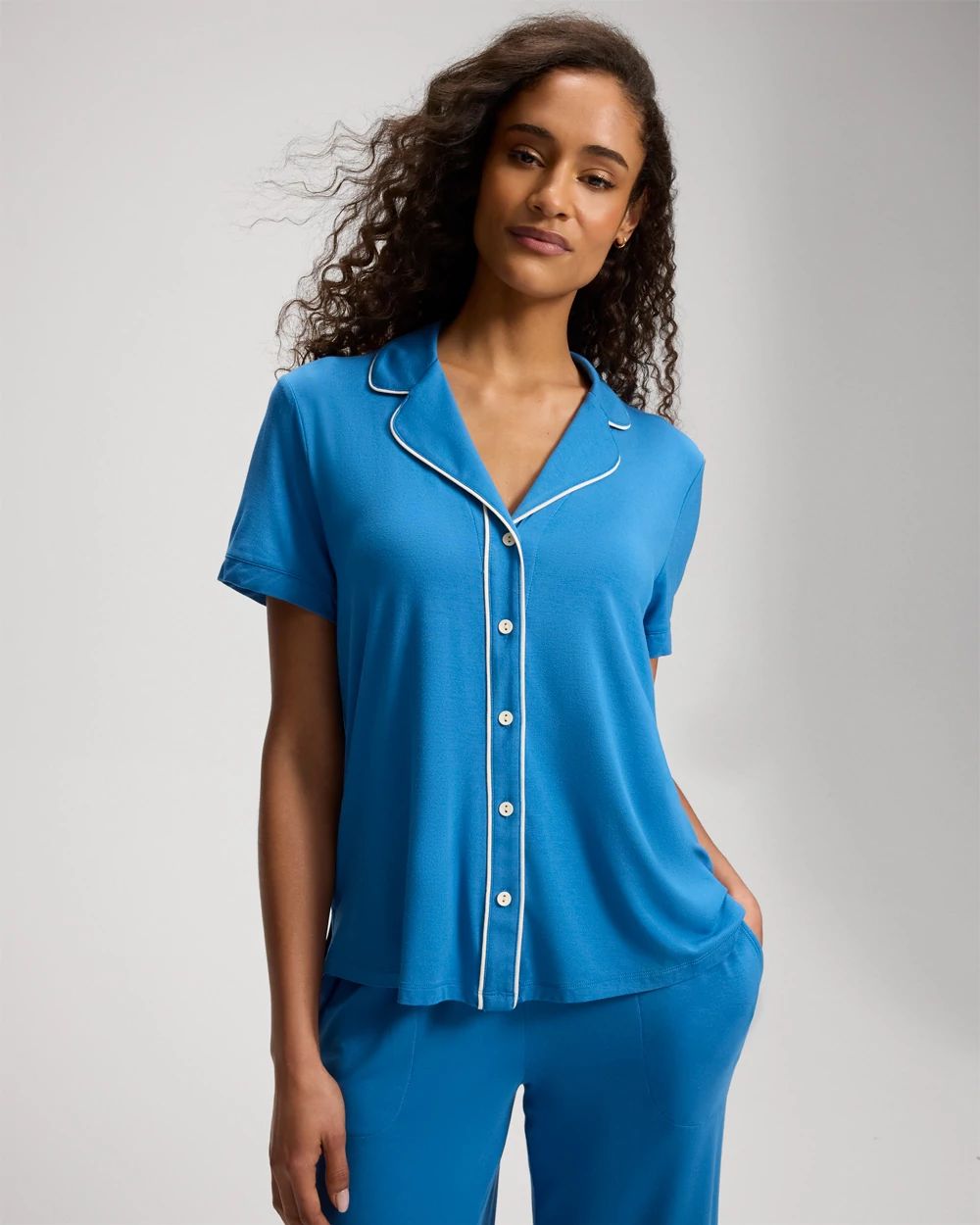 Piped Short Sleeve Notch Collar Pajama Top