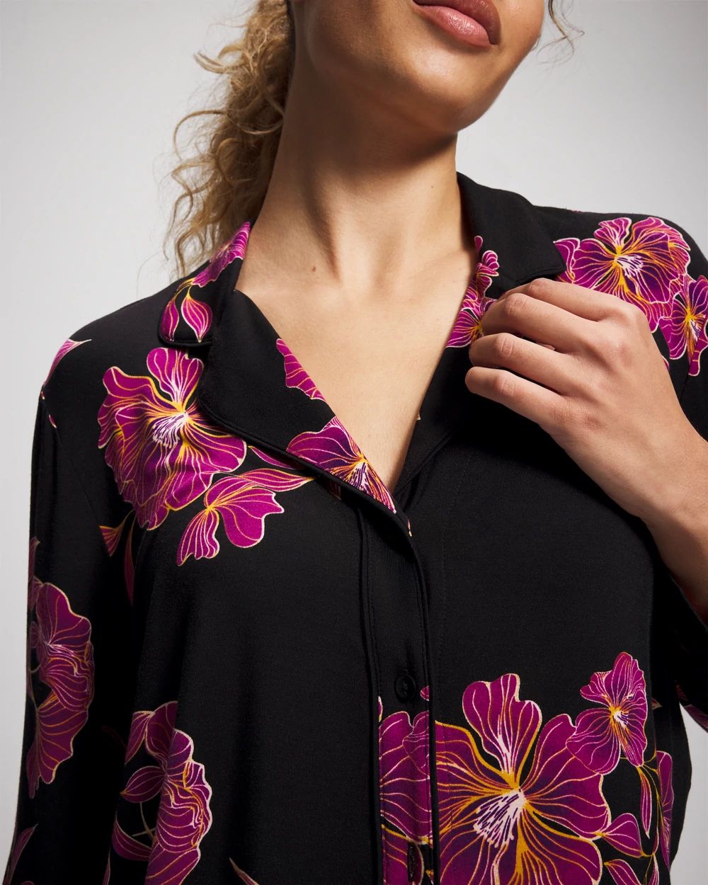 Cool Nights Long Sleeve Notch Collar with Piped Placket Pajama Top click to view larger image.