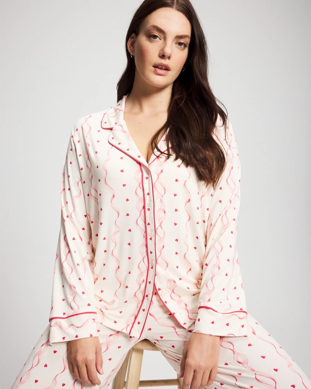 Cool Nights Long Sleeve Notch Collar with Piped Placket Pajama Top