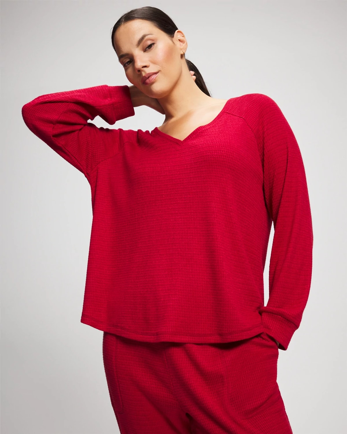 Women's Waffle Knit Long Sleeve V-Neck Pajama Top in Red size XS | Soma
