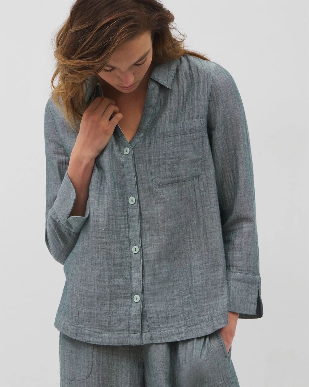 Cotton Gauze Long Sleeve Notch Collar Pajama Top