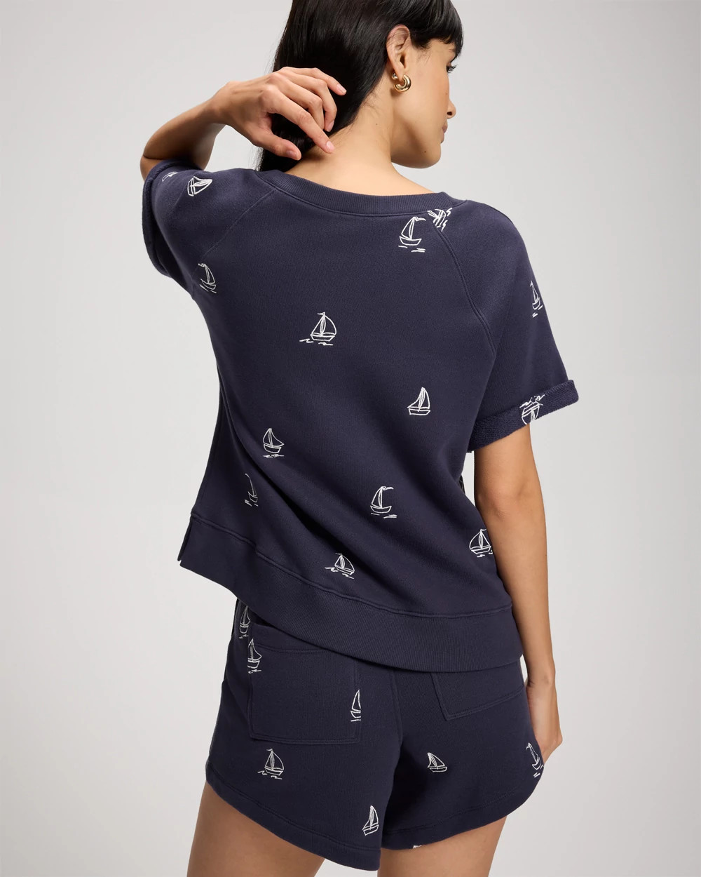 Cotton Terry Relaxed Short Sleeve Rolled Cuff Sweatshirt