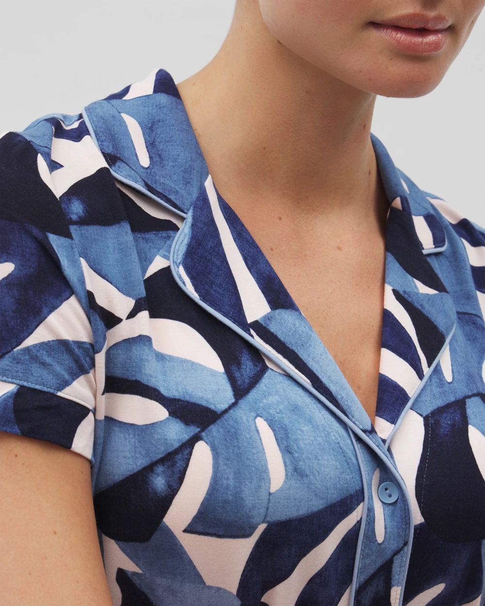 Cool Nights Piped Short Sleeve Notch Collar Pajama Top
